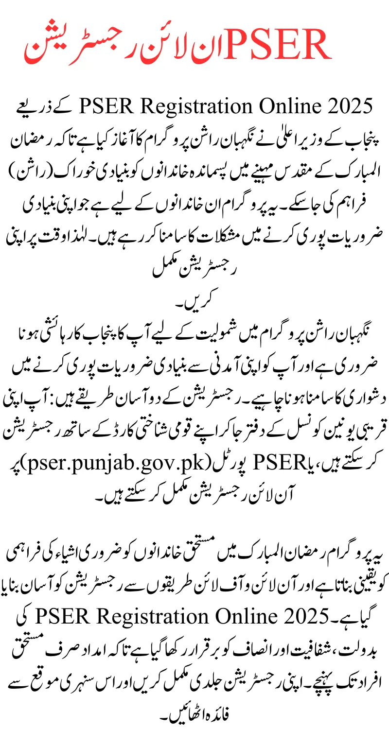 PSER Registration Online 2025: Punjab Latest Portal for CM Nigehban Rashan Program